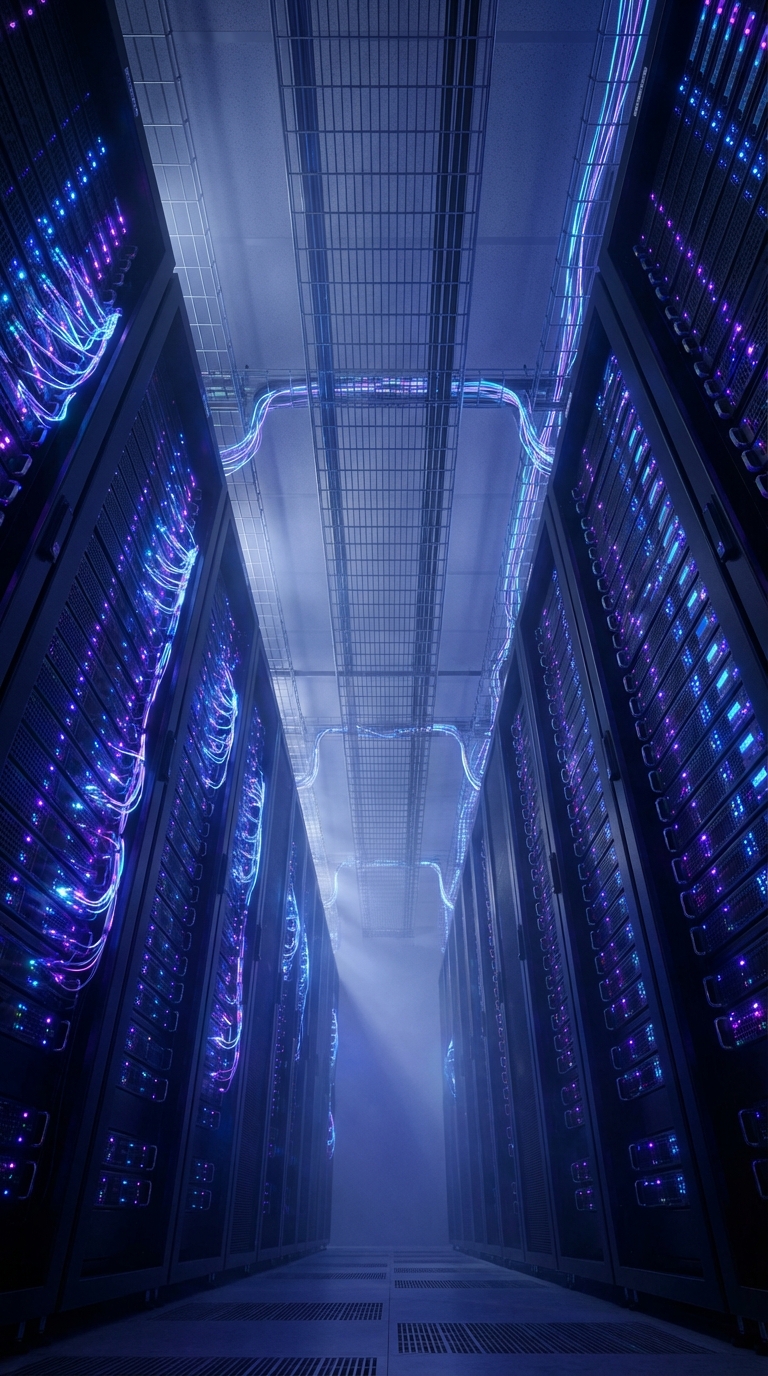 Vertikaler Korridor in einem modernen Rechenzentrum mit LED-beleuchteten Server-Racks